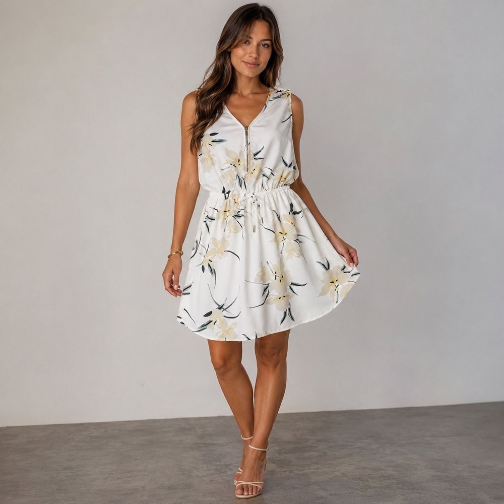 Dynamite Floral Sleeveless Zip Front Drawstring Fit & Flare Dress